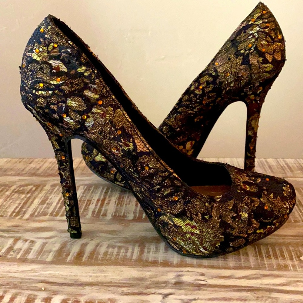 Naughty Monkey. Size 8. Gold with black lace.